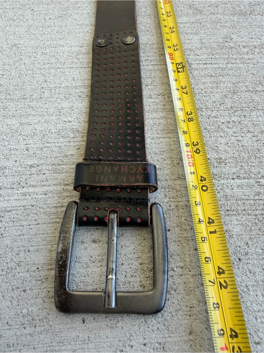 Vintage Armani Exchange Black Leather Belt Size 34 MadeCanada Red Detail 42.5”